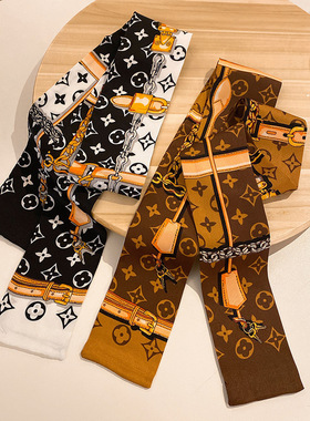 scarves网红绑包包丝巾手柄装饰丝巾小丝带发带棕色领巾scarf