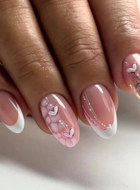 简约穿戴式假指甲法式白色美甲甲片3D爱心可拆卸穿戴甲fake