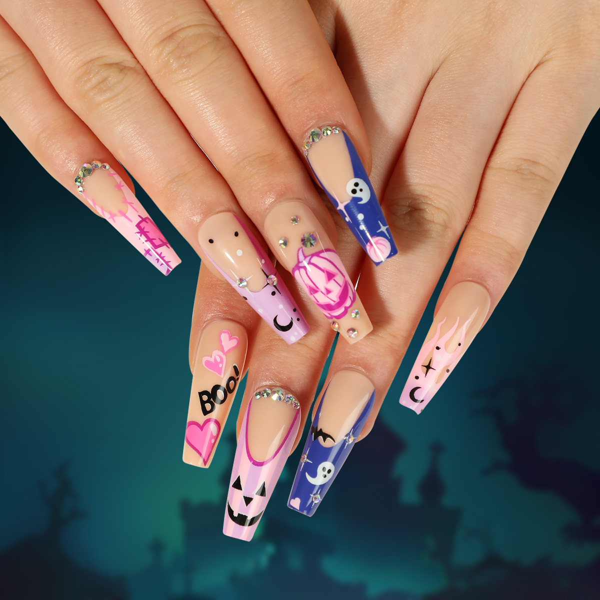穿戴甲甲片万圣节美甲粉紫色南瓜爱心黑色星月白色幽灵水钻nails