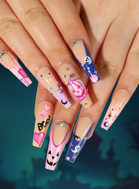 穿戴甲甲片万圣节美甲粉紫色南瓜爱心黑色星月白色幽灵水钻nails