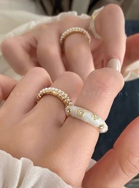 高级感珍珠水钻开口戒指复古指环女轻奢小众设计独特冷淡风食指