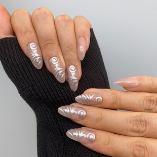欧美穿戴甲甲片中长款杏仁状银色花纹辣妹假指甲美甲贴