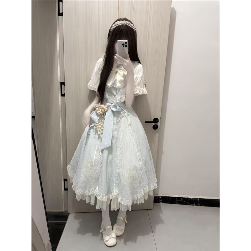 浅蓝色蕾丝拼接洛丽塔长裙斗篷披肩蝴蝶结收腰Lolita连衣裙温柔