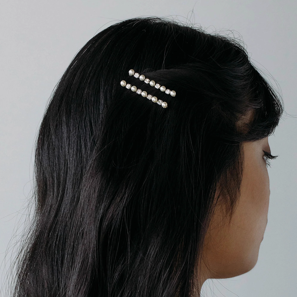 Jen Behr 复古银色水钻珍珠水晶造型发夹边夹一字夹刘海夹发饰