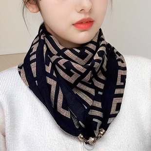 秋冬磁吸扣棉麻围巾小方巾丝巾女护颈韩版时尚百搭洋气围脖三角巾