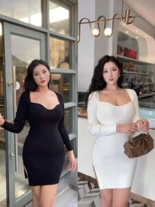 刘漂亮微胖辣妹大码女装欧美修身包臀开叉桃心v领显瘦长袖连衣裙