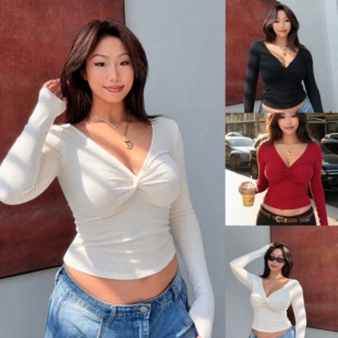 刘漂亮微胖纯欲设计感V领扭结长袖T恤女红修身显瘦打底衫性感上衣