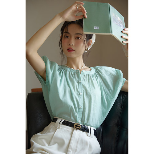 壹晓晓圆领薄荷绿苎麻衬衫