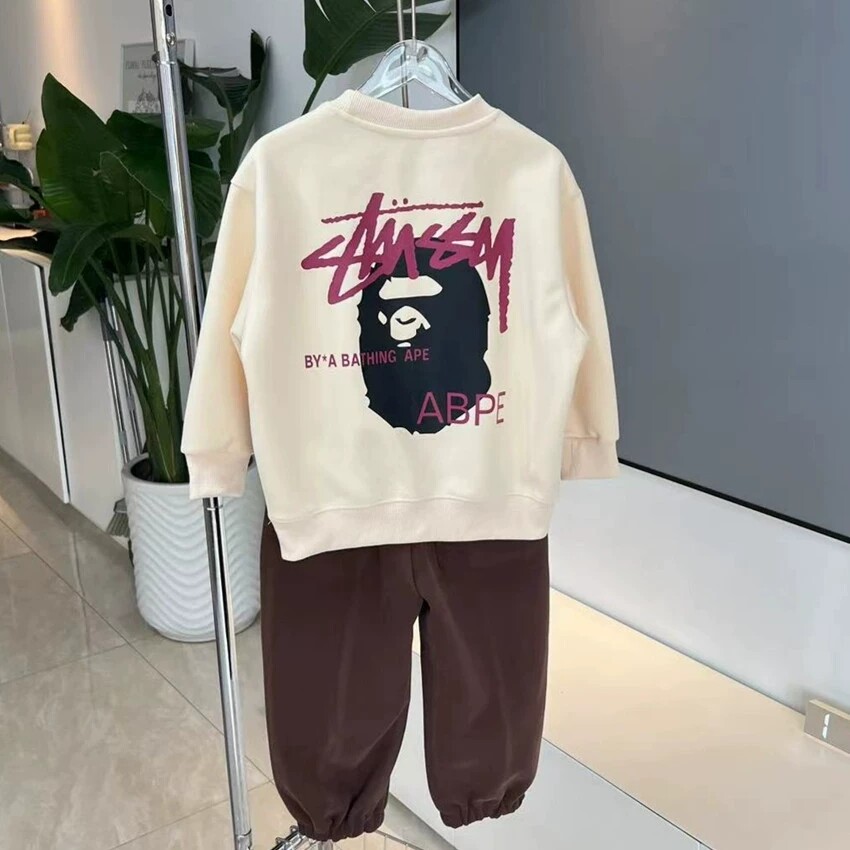 日系潮牌童装秋装彩虹条纹猿头长袖T恤男童女童白色纯棉打底上衣