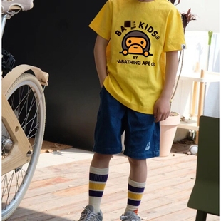 日系潮牌bape童装男童女童猿人头休闲上衣纯棉短袖中大童白色T恤