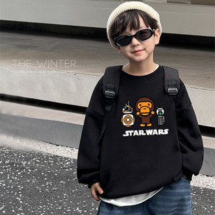 日系潮牌儿童圆领打底上衣时尚百搭男童加绒卫衣中大童套头衫女童