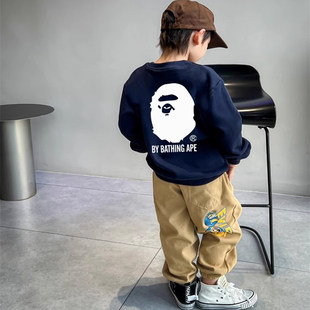 日系潮牌猿人字母中小童卡通休闲上衣男女童圆领卫衣宝宝春秋装