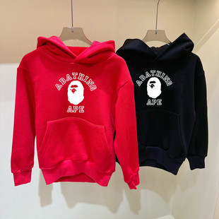 日系潮牌童装秋冬装男女儿童休闲卫衣猿人卡通印花加绒连帽套头衫