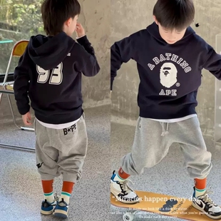 日系潮牌猿人字母儿童连帽卫衣男女休闲套头上衣中大童加绒打底衫