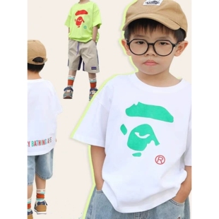 日系潮牌25新款亲子装猿人印花儿童半袖体恤纯棉短袖T恤男女童