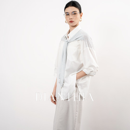 DianThia假两件拼接设计感衬衫女夏季条纹针织披肩宽松短袖衬衣薄