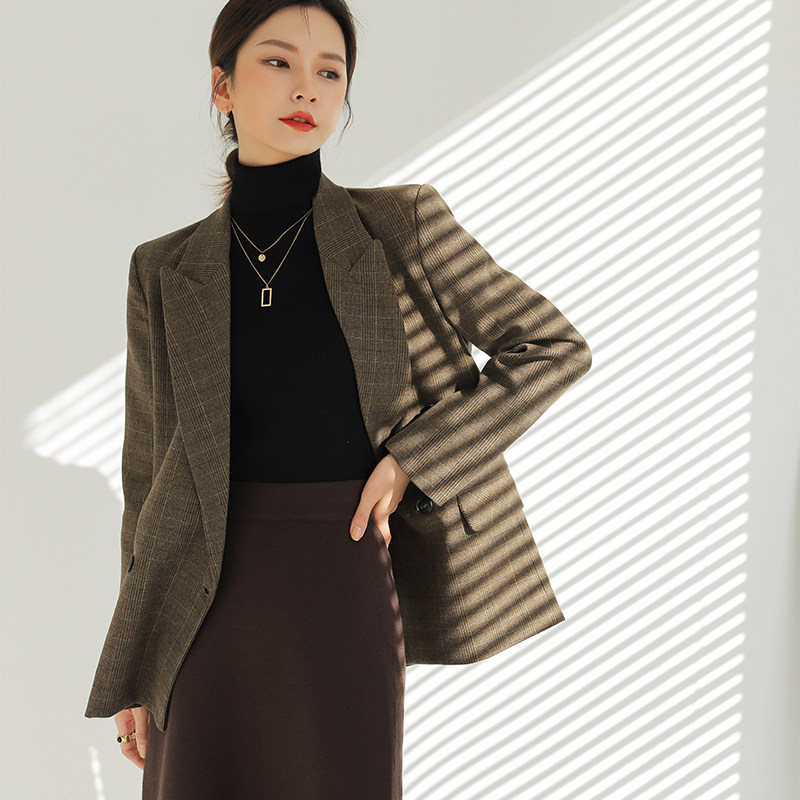 美拉德格子羊毛西装外套女2025秋冬设计感高级感复古休闲毛呢西服