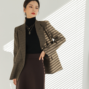 美拉德格子羊毛西装外套女2025秋冬设计感高级感复古休闲毛呢西服
