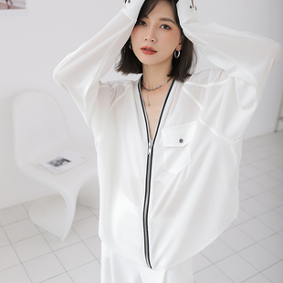 高级感拉链白色衬衫上衣女2025秋装新款原创设计无领防晒衫外套女