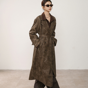 DianThia棕色大衣长款pu皮衣外套女高级感法式风2025爆款风衣外套