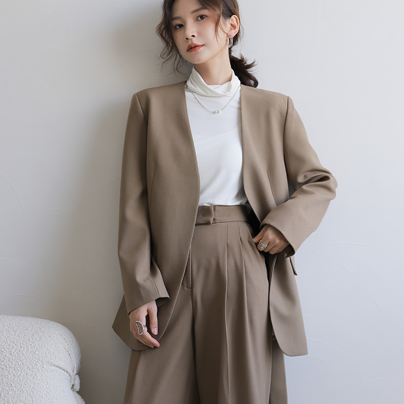 羊毛无领新款百搭风高级西装套装
