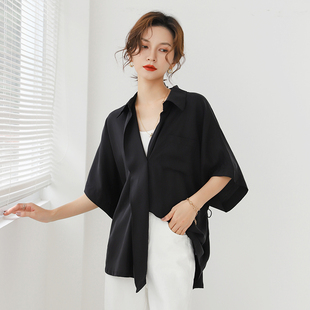 短袖衬衫女夏季韩系宽松设计感小众收腰慵懒风背后抽绳不规则衬衣