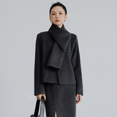 裙套装 100%高支羊毛双面呢短款 外套女冬季 小个子围巾领毛呢子大衣