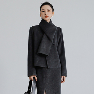 小个子围巾领毛呢子大衣 裙套装 100%高支羊毛双面呢短款 外套女冬季