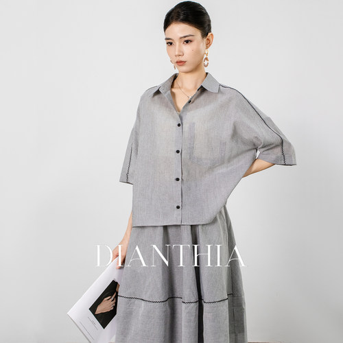 DianThia亚麻短袖衬衫半身裙套装女夏季明线设计感宽松廓形两件套