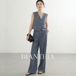 DianThia牛仔蓝斜扣西装马甲套装女夏季无袖马夹背心阔腿裤两件套