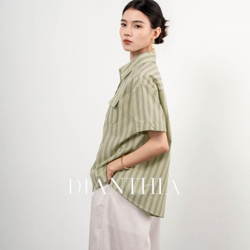 条纹衬衫女宽松显瘦简约短袖衬衣