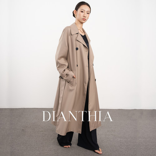 欧美风女大衣双排扣翻领束腰宽松