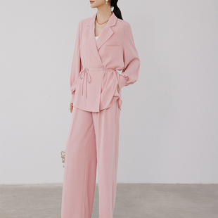 粉色休闲西装裤套装女2025秋季薄款设计感垂感阔腿裤西服两件套