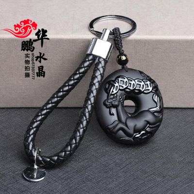 2026年天然黑曜石福马共利属马招财吊坠钥匙扣男女款