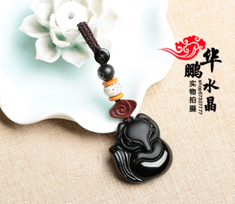 黑曜石狐狸吊坠钥匙扣黑狐项链
