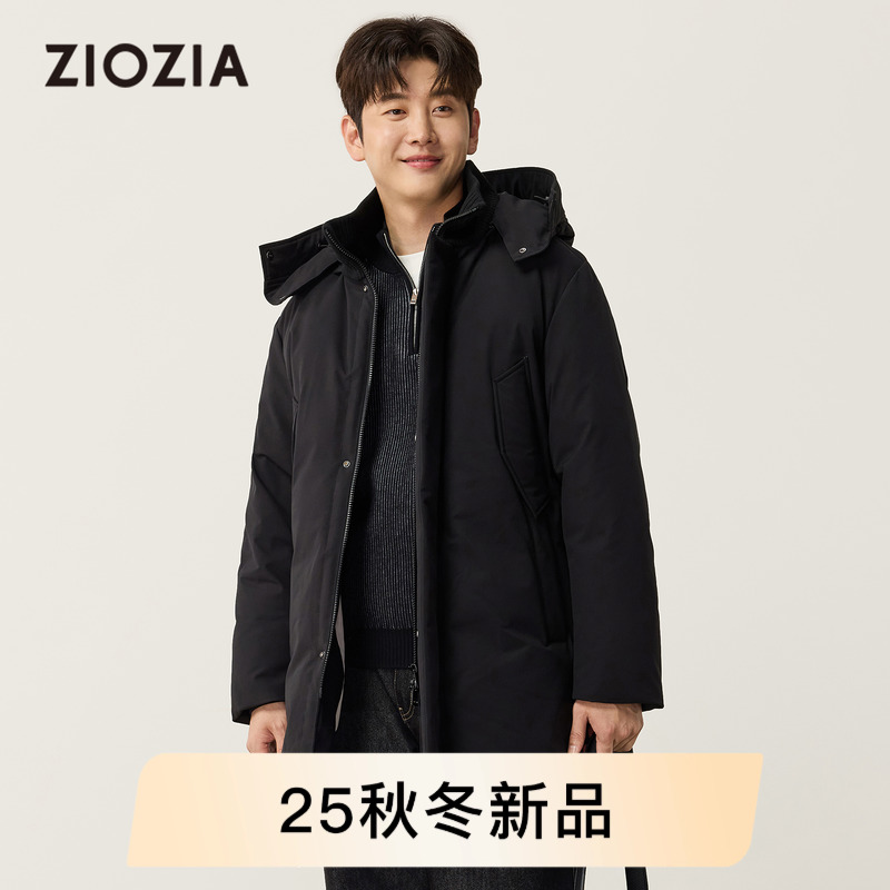 【三防面料】ZIOZIA通勤男装25冬新品中长款白鸭绒保暖连帽羽绒服