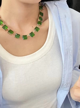 中古Vintage 祖母绿色爪镶莱茵石项链 现货有标