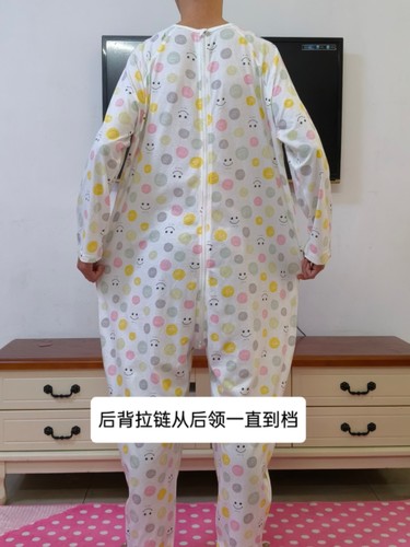 2307夏天薄款纯棉长袖长裤连体睡衣痴呆老人连体裤防脱裤腿带拉链