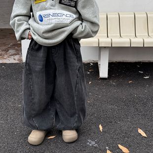 小杰家2025冬季新款男童弯刀保暖加厚牛仔裤中大童磨白长裤加绒潮