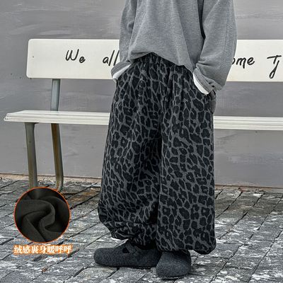 小杰家深秋新款男童加绒豹纹裤