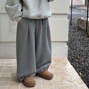 小杰家2025冬季新品男童条纹裤加绒加厚暖暖裤韩系休闲保暖长裤