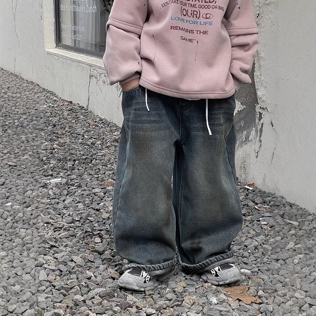 冬季新款男童复古做旧加绒牛仔裤