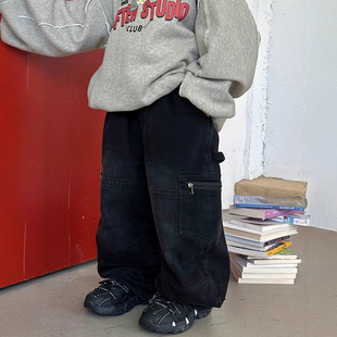 小杰家2025冬季新款拉链袋工装加绒牛仔裤弯刀裤男童保暖长裤潮