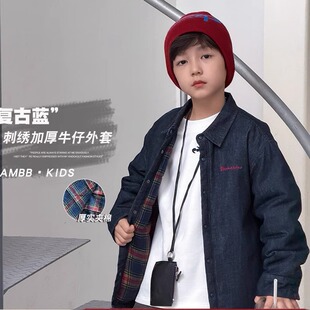 小杰家2025冬季新款男童潮童加厚夹棉刺牛仔外套