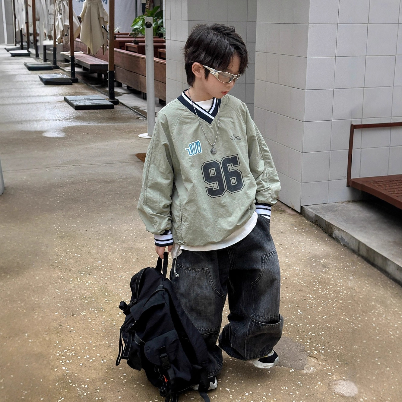 秋季条纹V领套头风衣外套上衣