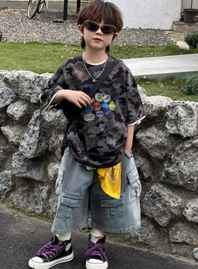 小杰家夏季新款男童迷彩数码短袖