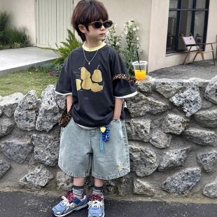 小杰家2026夏季新款男童撞色领梨子数码印花短袖T恤纯棉洋气T恤
