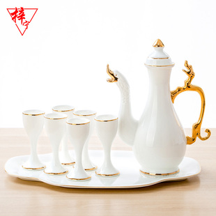 仿古酒具套装 骨瓷中式 组合家用陶瓷金边酒壶小高脚杯白酒杯小酒盅