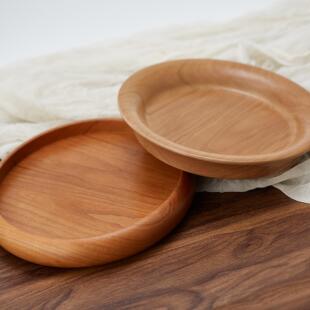 日式黑胡桃木水果盘点心盘圆形托盘创意樱桃木水杯收纳盘