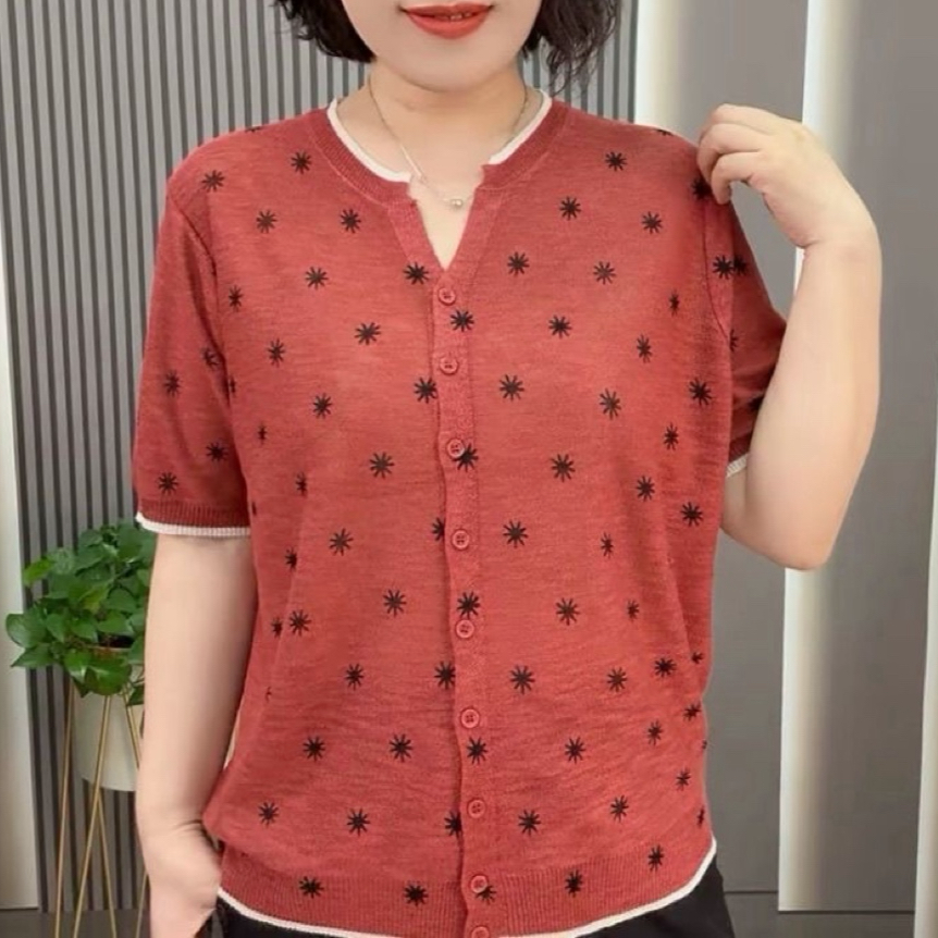 时尚妈妈装短袖冰丝圆点针织衫T恤夏装洋气减龄小衫中老年上衣